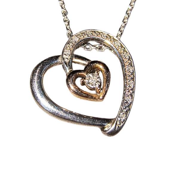 10K Gold, Sterling Silver & Diamond Double Heart Two-tone Necklace - Picture 1 of 11